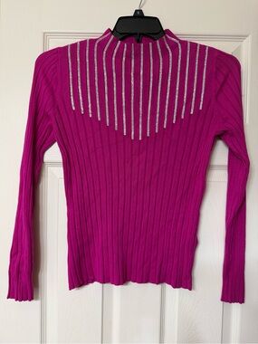 Fuchsia Ribbed Long-Sleeve Top with Rhinestone Detail